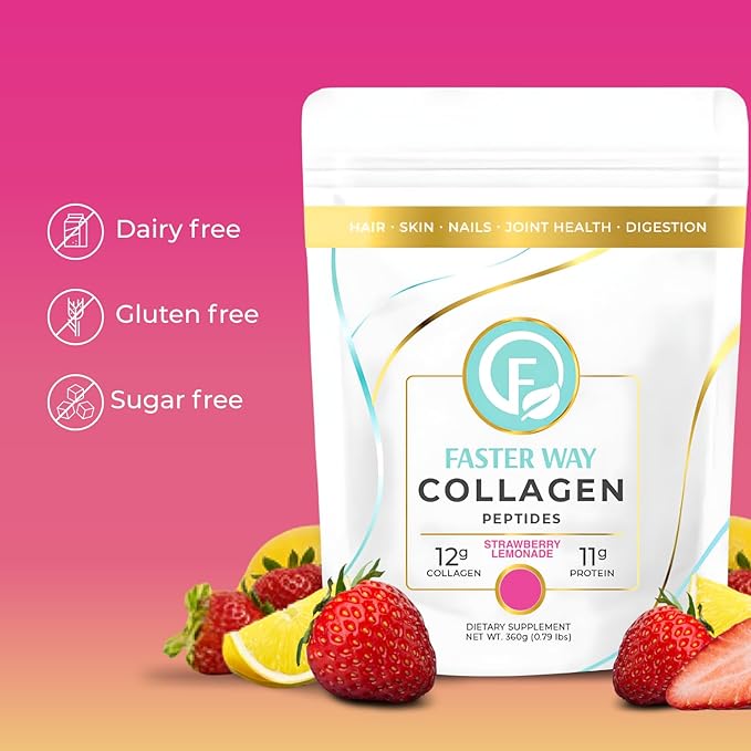 Faster Way - Collagen Peptides - 12g Hydrolyzed Collagen + 11g Protein Per Serving - Hair, Skin & Nails - Amino Acids- Sugar, Gluten & Dairy Free - Non-GMO - Strawberry Lemonade - 30 Servings