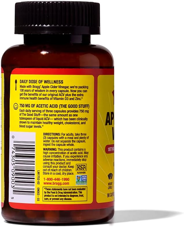 Bragg Organic Apple Cider Vinegar Capsules with Vitamin D and Zinc - 90 Count - Supports Immune System