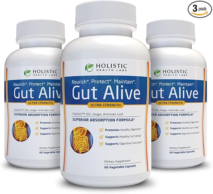 Holistic Health Labs Gut Alive - All Natural Support to Fight IBS, Heartburn, Acid Indigestion, Acid Reflux, Bloating & Gas. Unique Formulation (60 Count (Pack of 3))