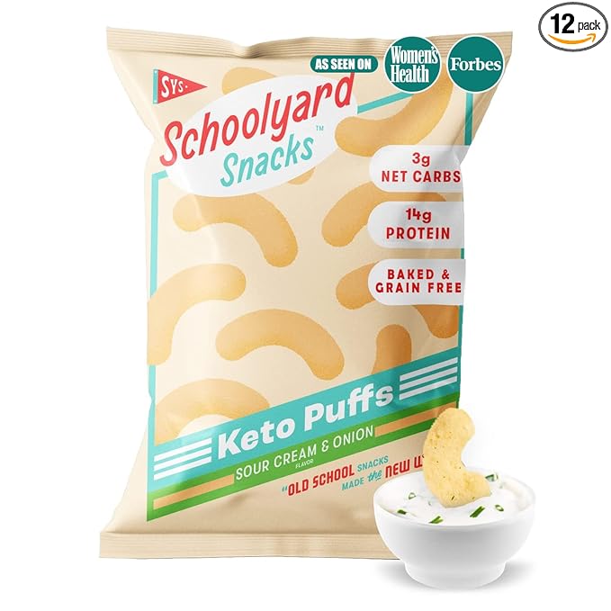 Schoolyard Sour Cream & Onion Protein Puffs - 14g Protein, Keto Friendly, Low Carb & Sugar, Gluten Free, Healthy Diabetic & Kids Snack, No artificial flavours or colors | Made in the USA (12 Pack)