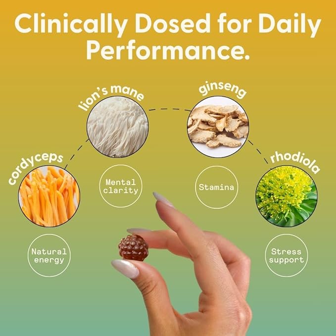 SuperMush Energy Mushroom Gummies - Organic Lions Mane Supplement with Cordyceps, Rhodiola, L-Theanine, Maca - Vegan & Sugar-Free - Energy, Focus, Stamina, Stress Reduction - 60 Gummies (30 Servings)