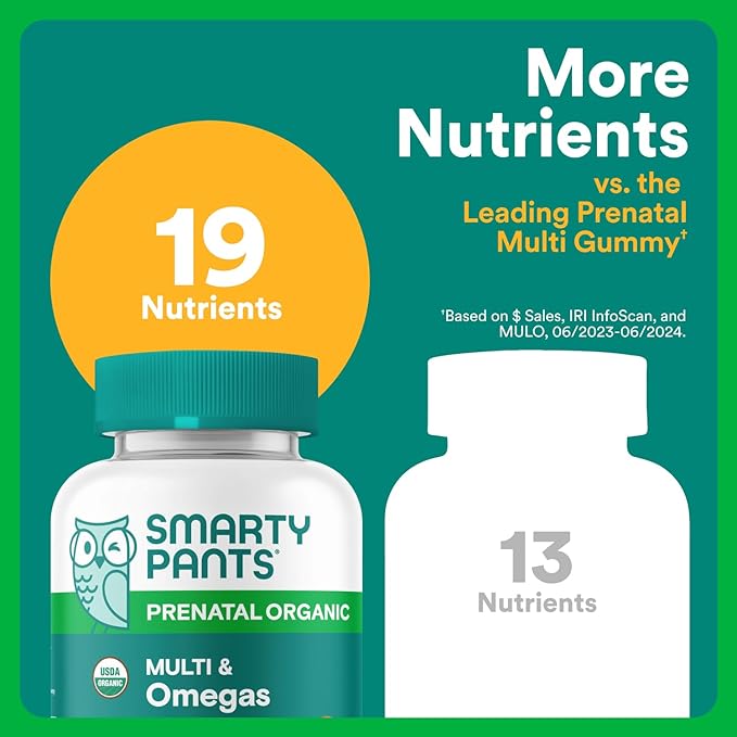 SmartyPants Organic Prenatal Vitamins for Women, Multivitamin Gummies: Biotin, Methylfolate, Omega 3 (ALA), Vitamin D3, C, Vitamin B12, B6, A, K2 & Zinc, Choline, Vegetarian, 120 Count (30 Day Supply)