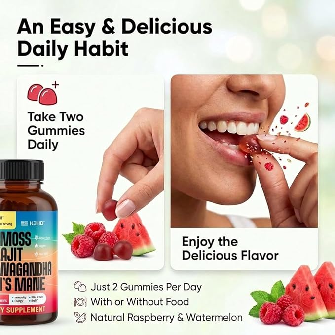 KJHD Shilajit Ashwagandha Gummies with Sea Moss, Beet Root, Lion’s Mane Mushroom & Black Seed Oil – Organic Herbal Superfood Supplement – 60 Vegan Gummies