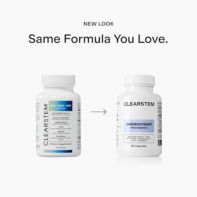 CLEARSTEM - MINDBODYSKIN Hormonal Acne Supplement (5-HTP) - Natural DIM Supplement - Skin Care Vitamins - Hormone Balance, Antioxidants - Gluten Free, Cruelty Free - 60 Servings, 180 Capsules