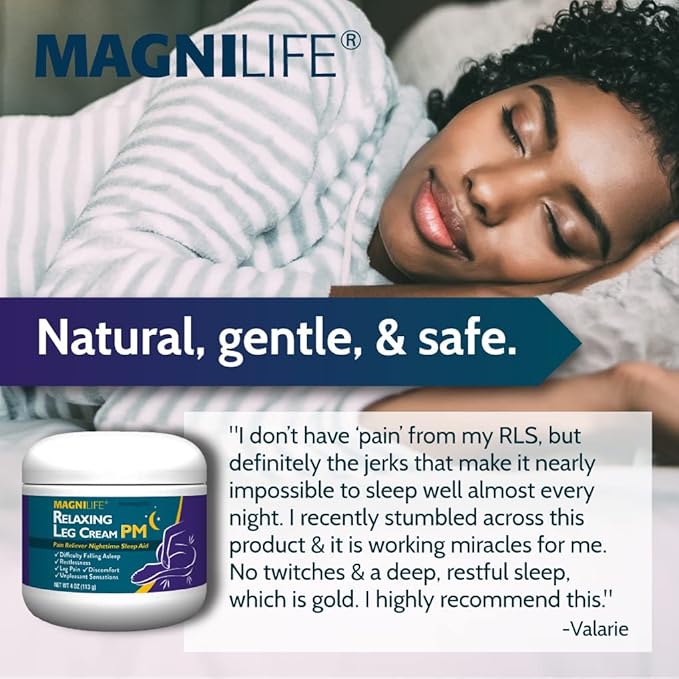 MagniLife Relaxing Leg Cream PM, 4 Oz, Homeopathic Nighttime Pain Reliever & Sleep Aid with Lavender & Magnesium, Non-Greasy Deep Penetrating Cream for Restless Legs & Discomfort
