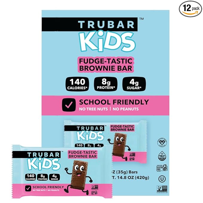 TRUBAR Kids Protein Bars, Fudge-Tastic Brownie, Plant Based Protein, Gluten Free School-Friendly Snacks for Lunchboxes, Tree Nut and Peanut Free, Low Sugar, Healthy On the Go Snack Bars, 12 Count