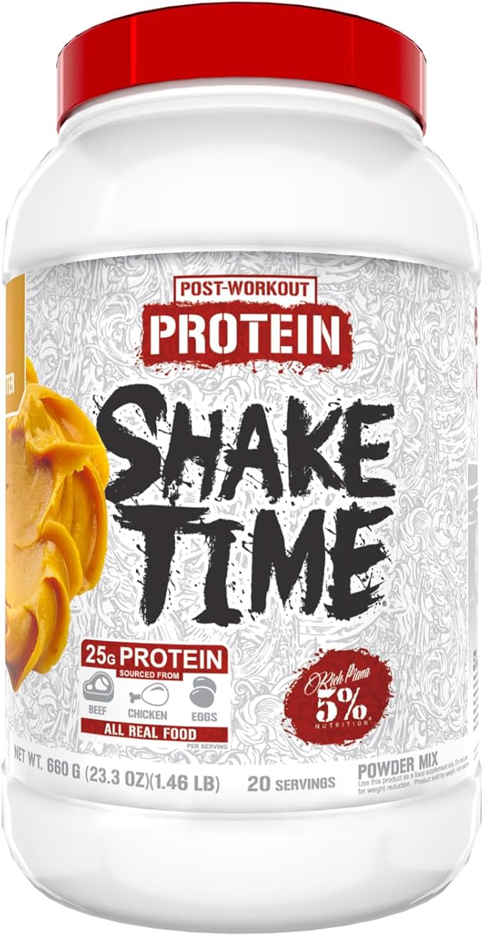 5% Nutrition Rich Piana Shake Time | 24g Animal Based Protein Drink | Grass-Fed Beef Isolate, Chicken, Egg | No Sugar or Soy (Peanut Butter)