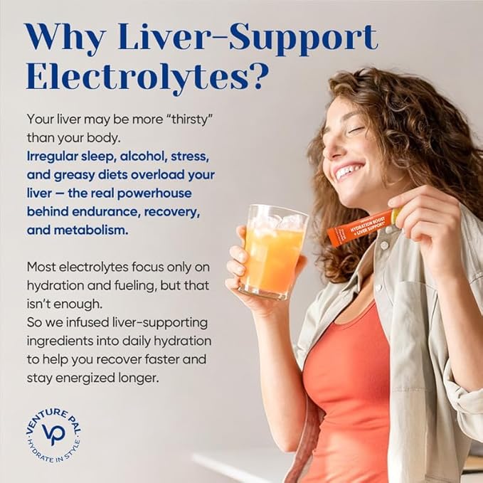 Venture Pal Hydration Packets + Liver Support- Liquid Daily IV Electrolyte Powder Packets with 7 Electrolytes & 5 Vitamins, Milk Thistle + L-Theanine | Sugar-Free | Keto Friendly | Vegan, 16 Sticks