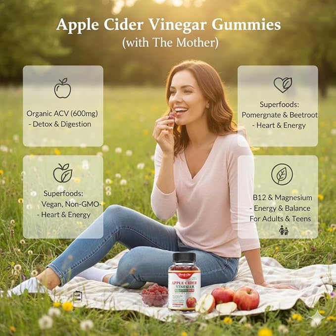 Apple Cider Vinegar Gummies with The Mother – Organic ACV + Pomegranate, Beetroot & B12 – Digestive, Detox & Energy Support – Vegan, Halal – 60 Gummies