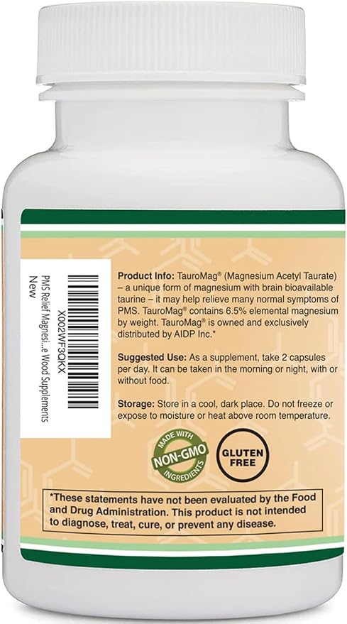 Magnesium Acetyl-Taurate (ATA MG, TauroMag) Novel and Patented Form of Magnesium for PMS and Cramp Relief (60 Capsules, 350mg) PMS Relief Magnesium Supplement by Double Wood Supplements