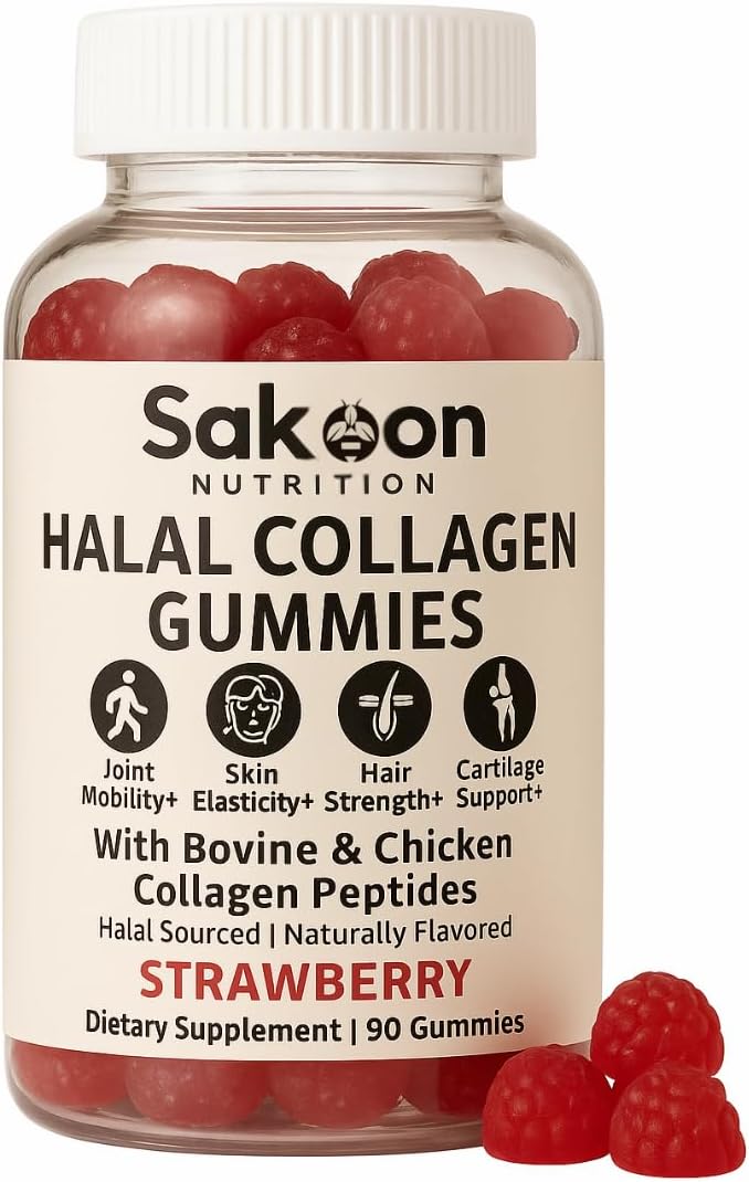 Sakoon nutrition Halal Certified Collagen Peptides Gummies | (Type I, II & III) Collagen Gummies for Women & Men | 90 Naturally Flavoured Strawberry Gummy to Support Hair, Skin, Joints & Nails | USA