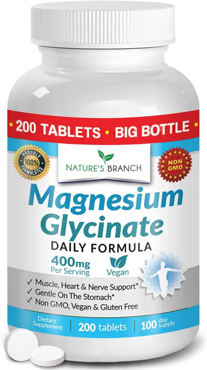 Magnesium Glycinate 400mg | 200 Tablets | High Absorption Mag Supplements for Sleep, Leg Cramps, Heart, Muscle, Calm | Non Buffered Bisglycinate, Extra Strength for Women and Men, Tablets Not Capsules
