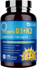 NATURE TARGET Vitamin D3 K2 with Calcium & Magnesium - 6-in-1 Complex - Max Strength for Bone, Heart & Immune - 5000 IU Vitamin D3, 120 mcg K2, Gluten-Free, 120 Servings