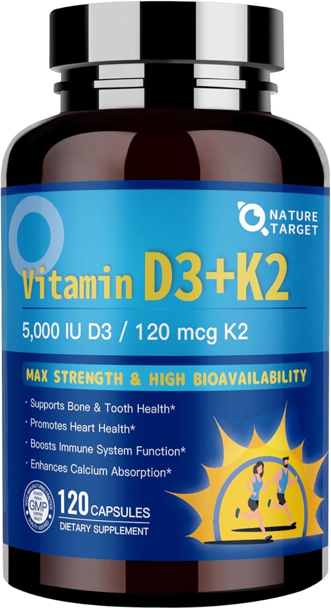 NATURE TARGET Vitamin D3 K2 with Calcium & Magnesium - 6-in-1 Complex - Max Strength for Bone, Heart & Immune - 5000 IU Vitamin D3, 120 mcg K2, Gluten-Free, 120 Servings