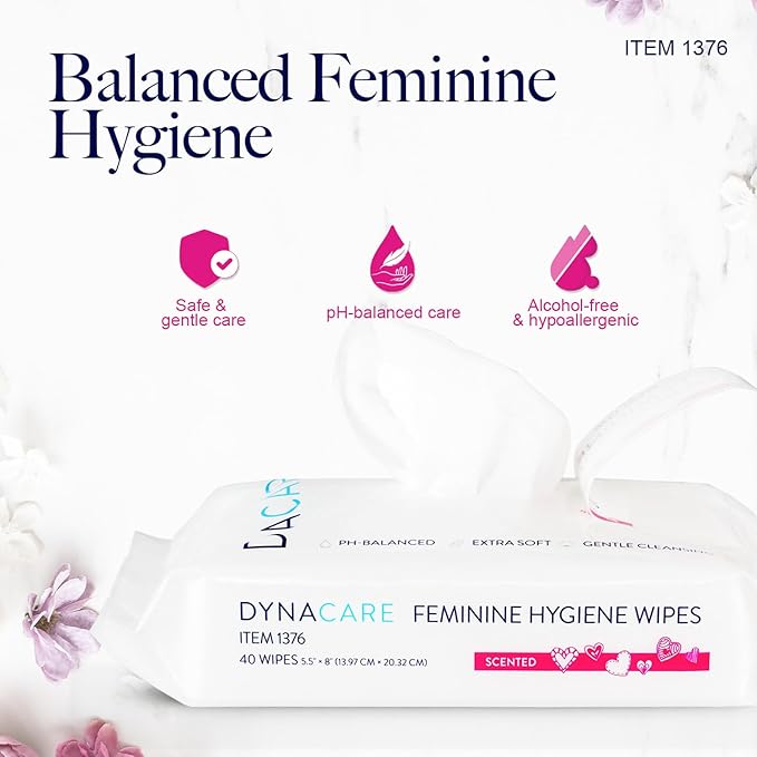 Dynarex HerCare Feminine Hygiene Wipes- 1 Pack of 40 Wipes - 5.5" x 8" pH-Balanced, Alcohol-Free, Hypoallergenic, Reseable Packs, Travel Essentials for Women