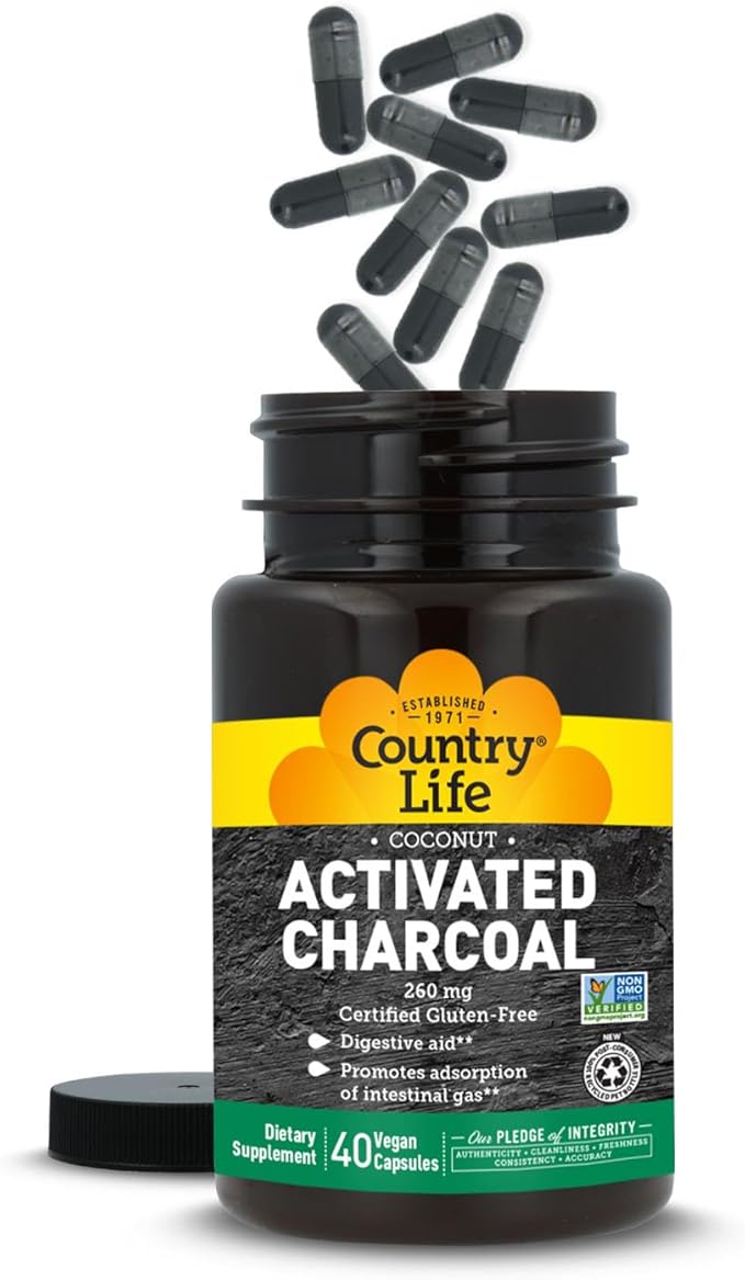 Country Life Coconut Activated Charcoal Capsules, 260mg – Natural Charcoal Supplement for Gas and Bloating Relief - Gluten-Free, 40 Vegan Capsules