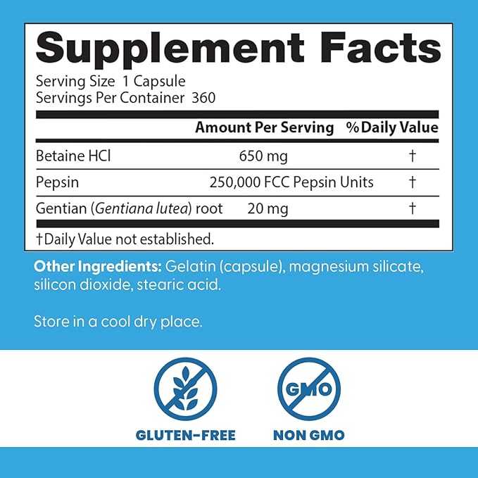 Doctor's BEST Betaine HCI Pepsin & Gentian Bitters,Digestive Enzymes for Protein Breakdown & Absorption,Non-GMO,Gluten Free,360 Count (Pack of 2)