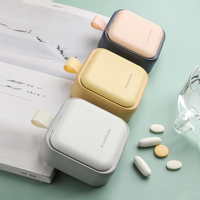 Small Pill Case, Cute Pill Box - Acedada Travel Daily Pill Organizer, Portable Pretty Pill Container for Purse Pocket, Compact Medicine Holder for Vitamins, Fish Oils, Supplements, Yellow