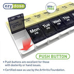 EZY DOSE Push Button (7-Day) Pill Case, Medicine Planner, Vitamin Organizer, 2 Times a Day, AM/PM Container, X-Large Compartments, Arthritis Friendly, Easy to Use, Clear Lids, Blue/Yellow, BPA Free