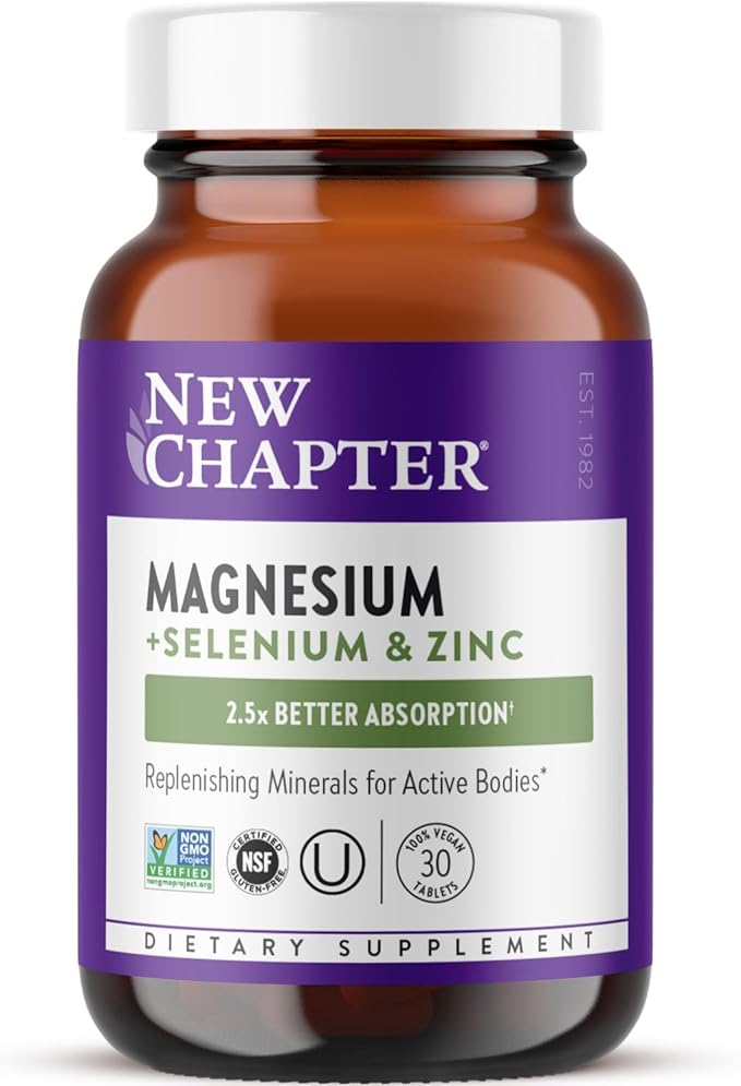 New Chapter Magnesium-Selenium-Zinc Supplement, 325 mg Magnesium in One-Daily Tablet for Active Bodies, Bounce Back After Exercise with Muscle Support Minerals + Hydrating Electrolytes, 30 Count