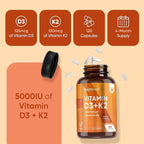 WeightWorld Vitamin D3 K2 5000IU Capsules for Bone Strength & Immune Health - 4 Months Supply Vitamin D3 and K2 Supplements - 120 Vegan D3 K2 Capsules for Women and Men, Non-GMO, Gluten-Free