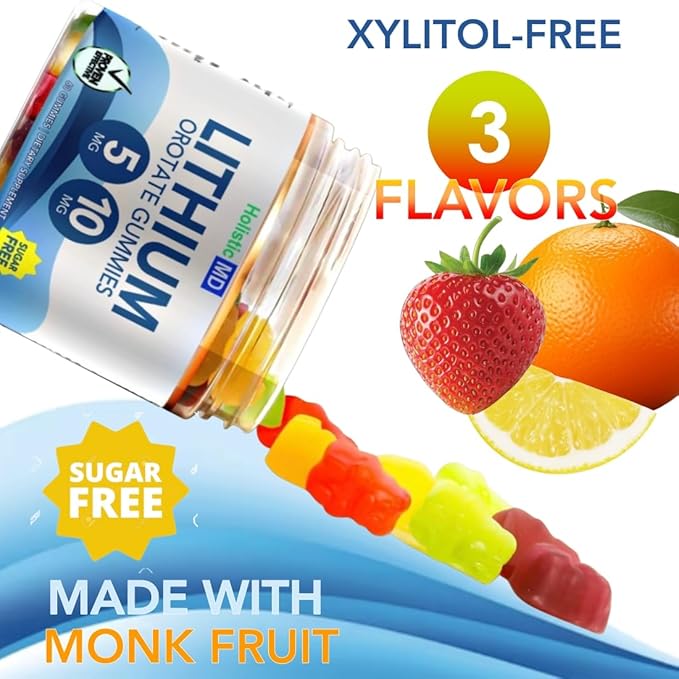 Lithium Orotate 5mg 10mg | for Men Women Kids | Lithium Orotate clinically Studied Chelated High Biovalable | 3 Flavors Sugar Free Vegan Gummies 60 ct
