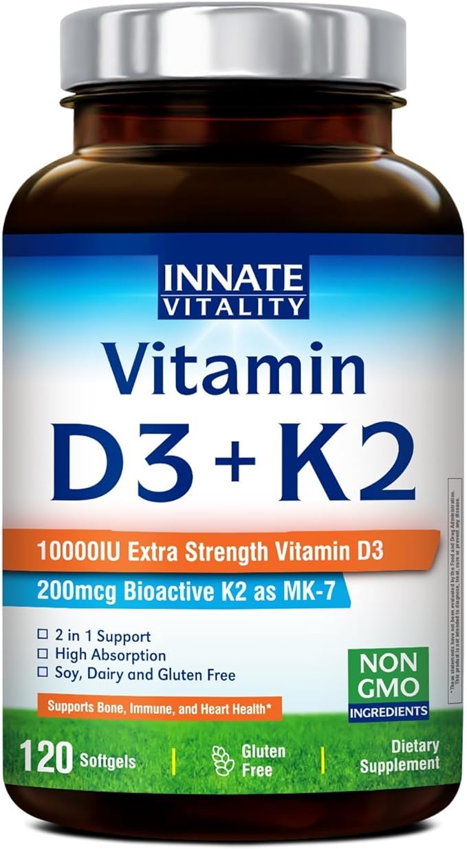 Innate Vitality Vitamin D3 K2 Supplement, High Potency Vitamin D3 10000 IU & Vitamin K2 (MK-7) 200 mcg, Supports Bone, Teeth, Heart & Immune Health, Non-GMO, Gluten Free, 120 Softgels