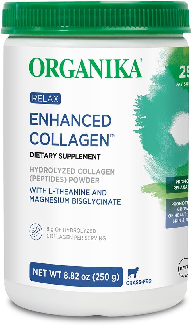Organika Enhanced Relax Collagen Peptides Powder with L-Theanine & Magnesium Bisglycinate (9 oz): Enriched Collagen Powder for Women & Men - Skin, Hair, Joints - Sleep, Vitality, Relaxation