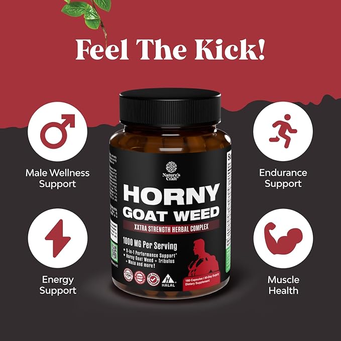 Horny Goat Weed for Men - Extra Strength Male Supplement with Black Maca Root, Tongkat Ali, Saw Palmetto & Panax Ginseng Extract for Stamina & Energy - 180 Count