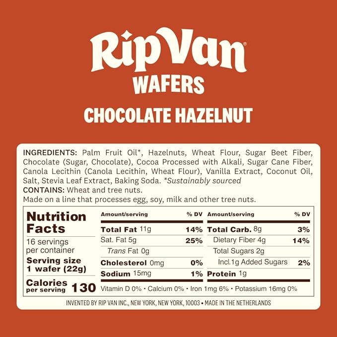 Rip Van Chocolate Hazelnut Wafer Cookies, Keto, Non-GMO, Healthy Snacks, Low Carb & Low Sugar (2g), Low Calorie, Vegan, 16 Count