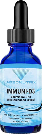Absonutrix Vitamin D3 K2 Drops, 390mg, 4 Oz Liquid, 302 Servings, Made in USA, Quick Absorption, Quality Potent Ingredients, Non-GMO, GMP Certified, Cruelty-Free Products, (Immuni-D3)