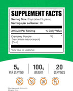 BulkSupplements.com Cranberry Powder - Cranberry Supplements for Women & Men, Air Dried Cranberries - Unsweetened & Gluten Free, 5g per Serving, 100g (3.5 oz) (Pack of 1)