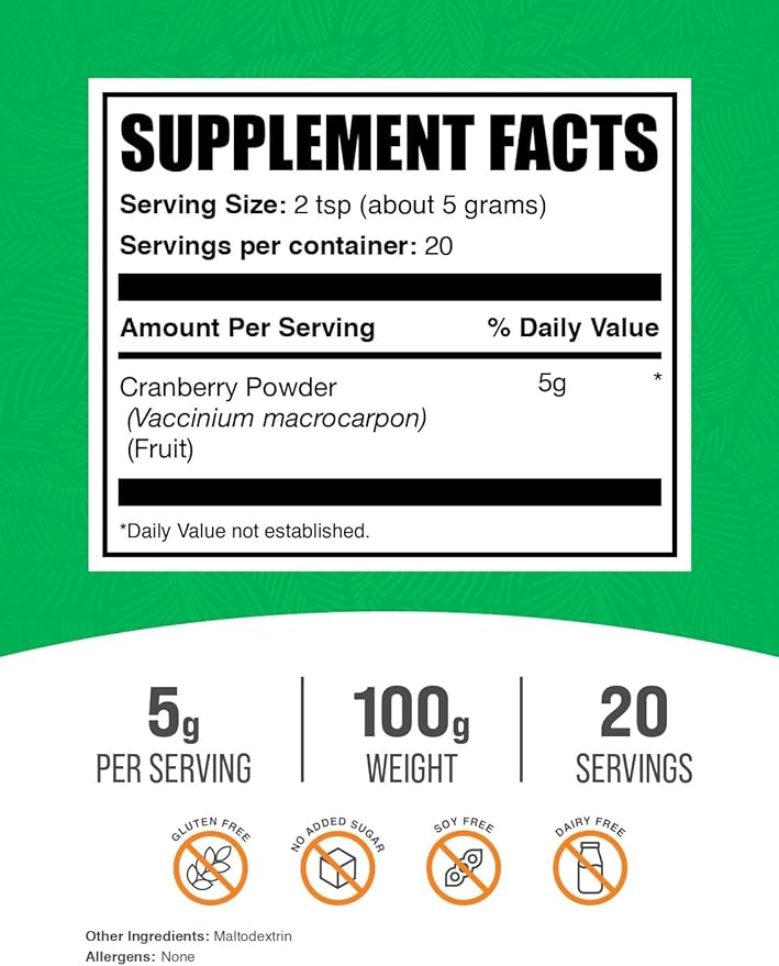 BulkSupplements.com Cranberry Powder - Cranberry Supplements for Women & Men, Air Dried Cranberries - Unsweetened & Gluten Free, 5g per Serving, 100g (3.5 oz) (Pack of 1)
