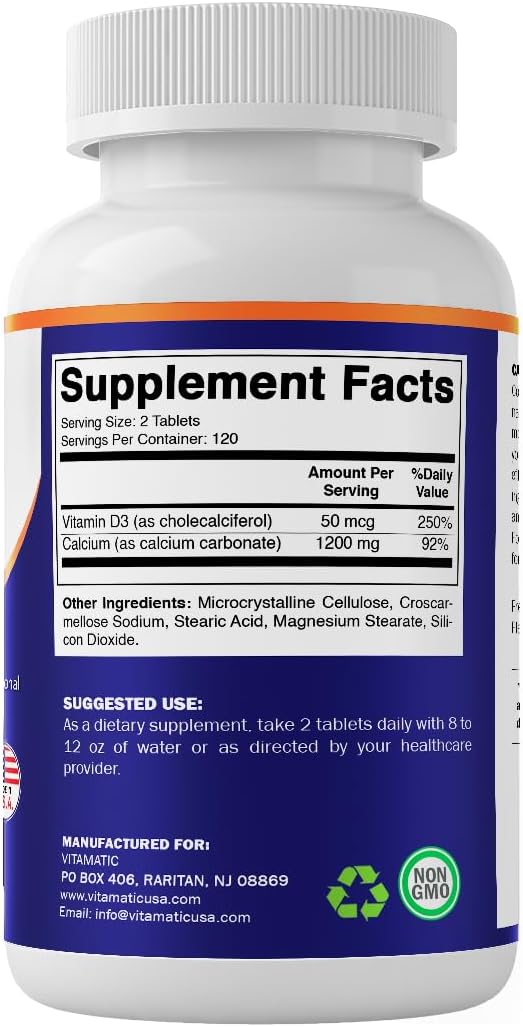 Vitamatic Calcium 1200mg with Vitamin D3 2000 IU (50mcg) – Bone & Immune Support Formula – 240 Tablets – High Absorption Calcium Carbonate with D3 – Non-GMO, Gluten-Free