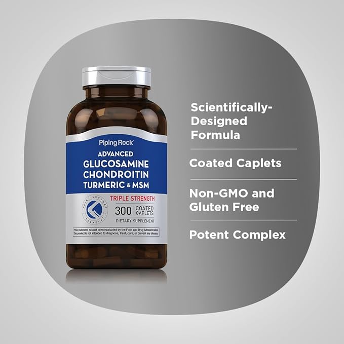 Piping Rock Glucosamine Chondroitin MSM Turmeric | 300 Caplets | Advanced Triple Strength Supplement | Non-GMO & Gluten Free