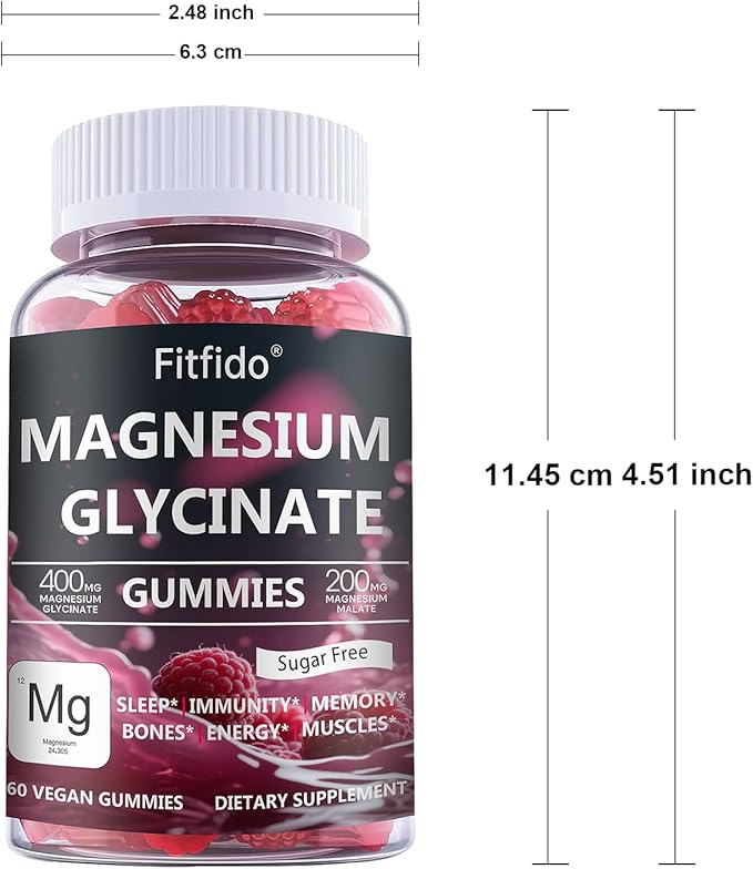 Magnesium Glycinate Gummies 400mg, Chewable Sugar Free Magnesium Supplement with Magnesium Glycinate, Magnesium Malate and Protein for Sleep, Relaxation, Brain & Muscle - Vegan (60 Count, Raspberry)
