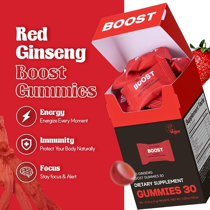 dr.blet Red Ginseng Boost Gummies – Daily Energy & Immune Support, Strawberry-Flavored Vegan Gummies with 6-Year Korean Red Ginseng, Caffeine-Free, No Added Sugar – 30 Count
