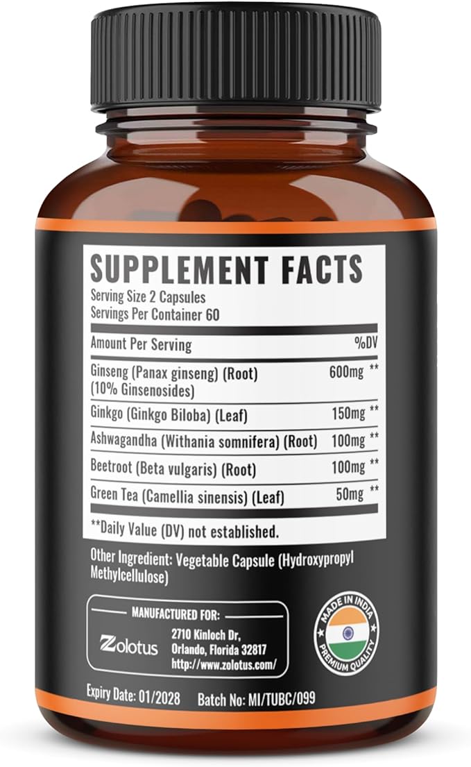 Zolotus Korean Red Panax Ginseng + Ginkgo Biloba, Ashwagandha, Beetroot, Green Tea - 120 Capsules for 2 Month Supply