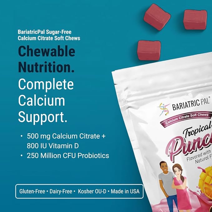 BariatricPal Sugar-Free Calcium Citrate Soft Chews | 500mg with Vitamin D & Probiotics | Tropical Punch | 90 Count (1 Month Supply)
