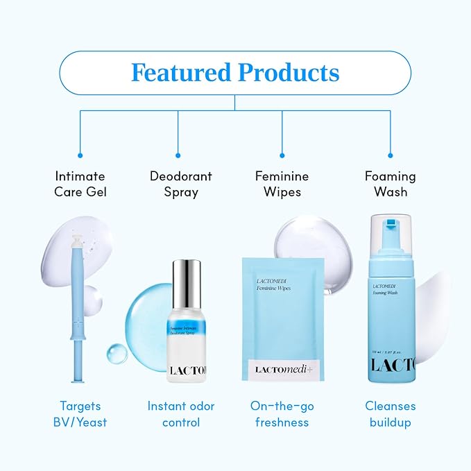 LACTOMEDI Bestie Box Intimate Care Kit – pH Balanced Feminine Hygiene Set with Intimate Care Gel, Foaming Wash, Deodorant Spray & Feminine Wipes for Daily Freshness