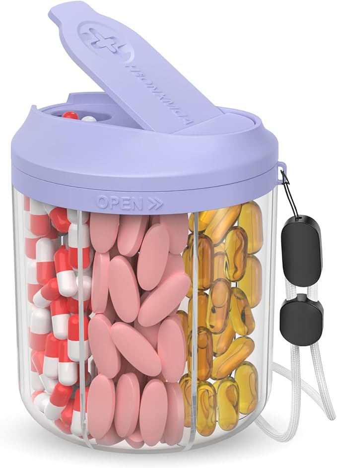 Hionxmga Pill Dispenser with 7 Large Compartments, Pill Organizer for Travel, Supplement Organizer with Anti-Mixing Design, BPA-Free Pill Container with 20 Pcs Labels, Purple