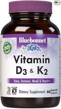 Bluebonnet Nutrition Vitamin D3 & K2, Soy-Free, for Strong-Healthy Bones*, Gluten-Free, Non-GMO, Dairy-Free, Kosher Certified, Vegetarian, 60 Vegetable Capsules, 60 Servings