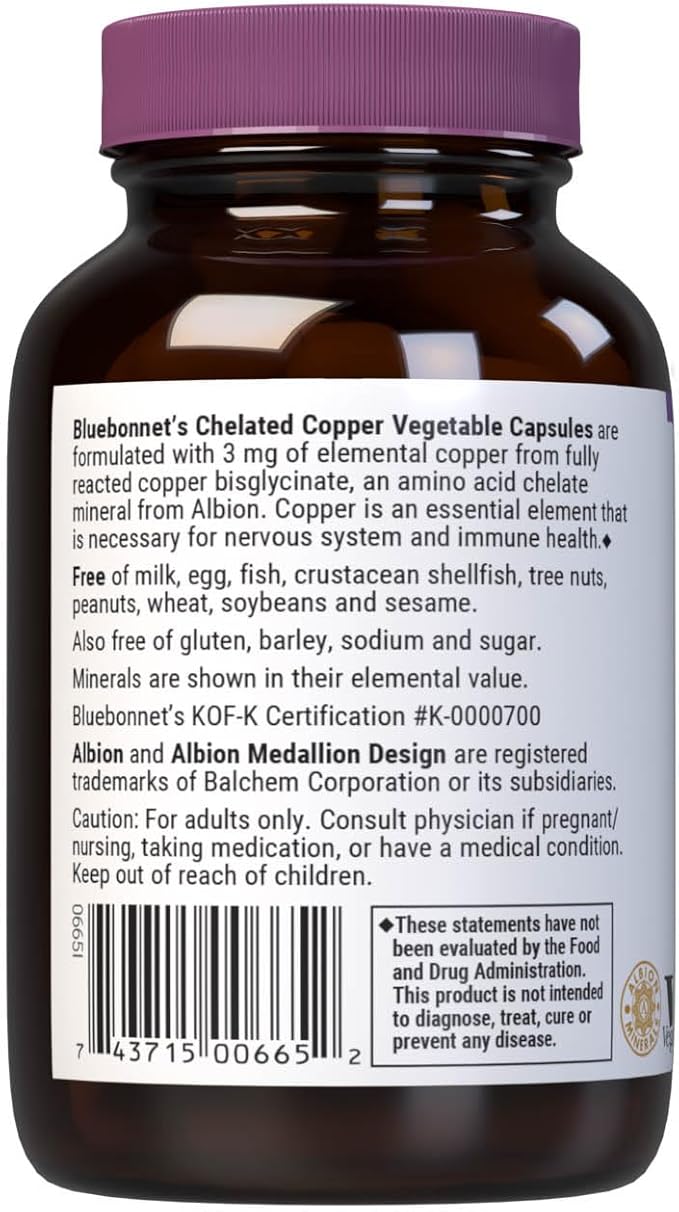 Bluebonnet Nutrition Albion Chelated Copper, Nervous System & Immune Health*, Soy-Free, Gluten-Free, Non-GMO, Kosher Certified, Dairy-Free, Vegan, 90 Vegetable Capsules, 90 Servings