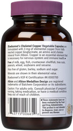 Bluebonnet Nutrition Albion Chelated Copper, Nervous System & Immune Health*, Soy-Free, Gluten-Free, Non-GMO, Kosher Certified, Dairy-Free, Vegan, 90 Vegetable Capsules, 90 Servings