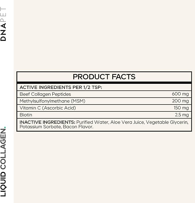 Liquid Collagen for Dogs – Beef Collagen Peptides with Vitamin C, Biotin & MSM – Bacon Flavor Liquid Supplement for Skin, Coat & Joint Care – Canine Supplement - All Dog Breeds – 4 fl oz
