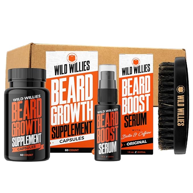 Wild Willies All-in-One Beard Growth Kit - Includes Beard Boost Serum Oil & Growth Supplement, Boar Bristle Brush - Perfect Grooming Kit for Men - Achieve Thicker, Fuller, Healthier Beard