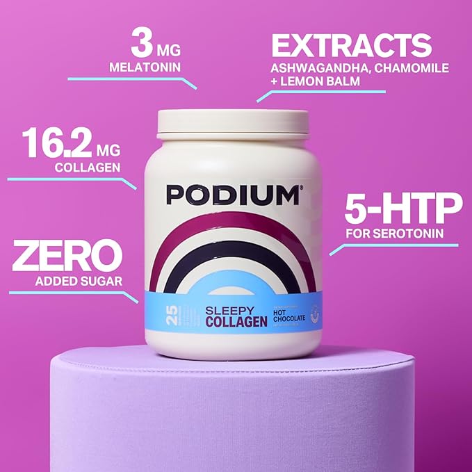 Podium Nutrition, Sleepy Collagen with Melatonin, Hot Chocolate, 25 Servings, Collagen Protein, Gluten Free, Soy Free