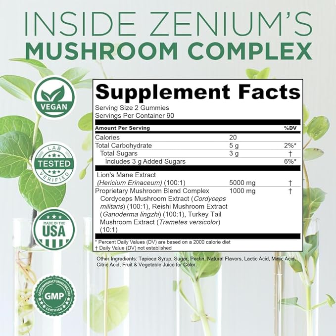 Zenium - Mushroom Complex 90 Gummies of 5000mgs of Lions Mane, 1000mgs of Reishi, Cordeyceps & More | Relieve, Tension, Worry & Irritability | Calm Mind & Body | Ayurvedic | Natural Relief Supplement