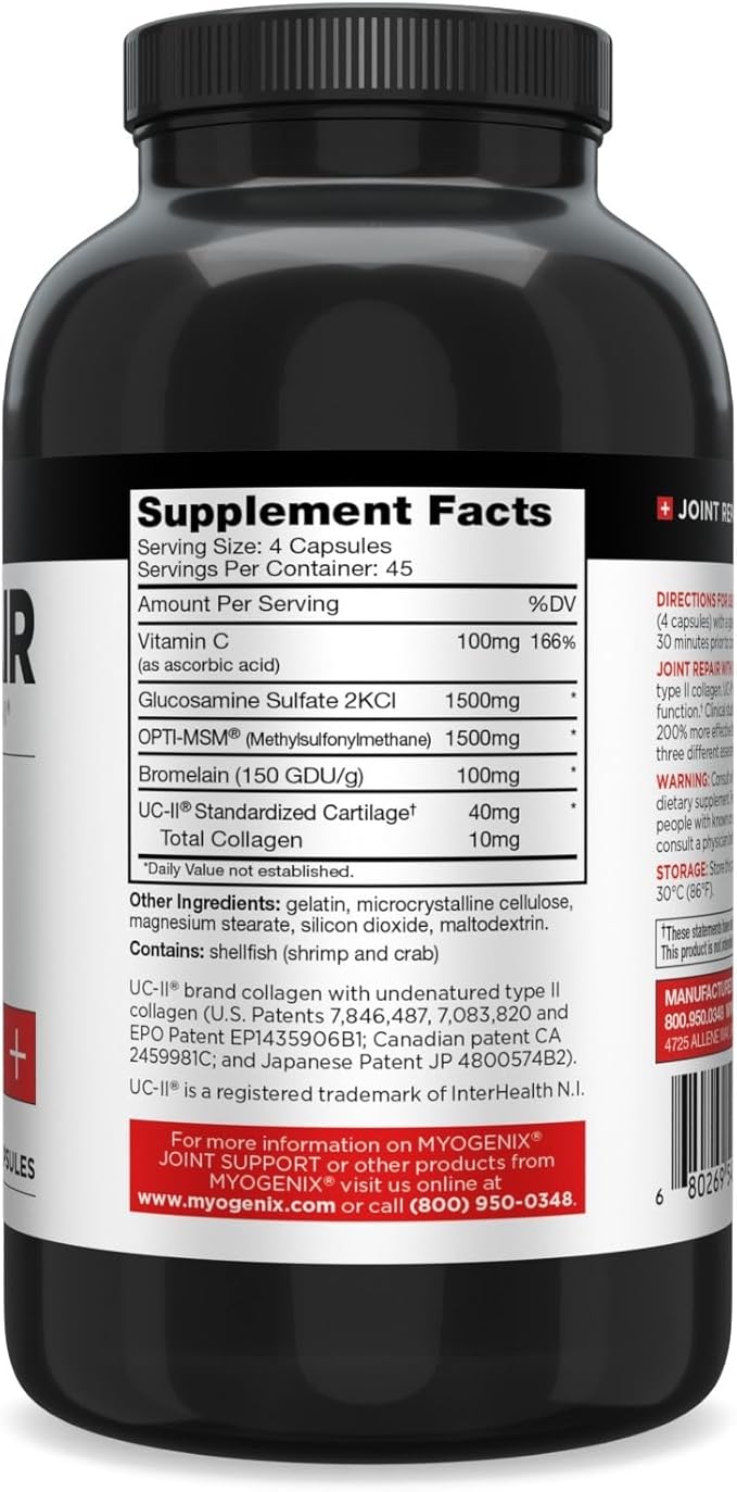 Myogenix Joint and Tissue Supplement – Glucosamine & Chondroitin with UC-II® and MSM, Joint Support Vitamins for Men, Bone and Joint Health Supplement (180 Capsules)
