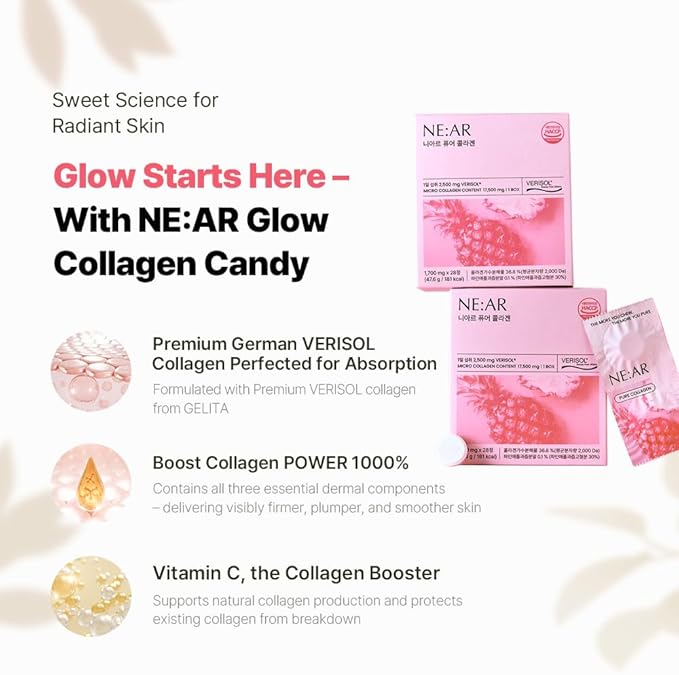 NE:AR Glow Collagen Chews – 2 500mg Peptides with Hyaluronic Acid & Vitamin C Tasty Easy Daily Support for Skin Hair Nails Pineapple Flavor